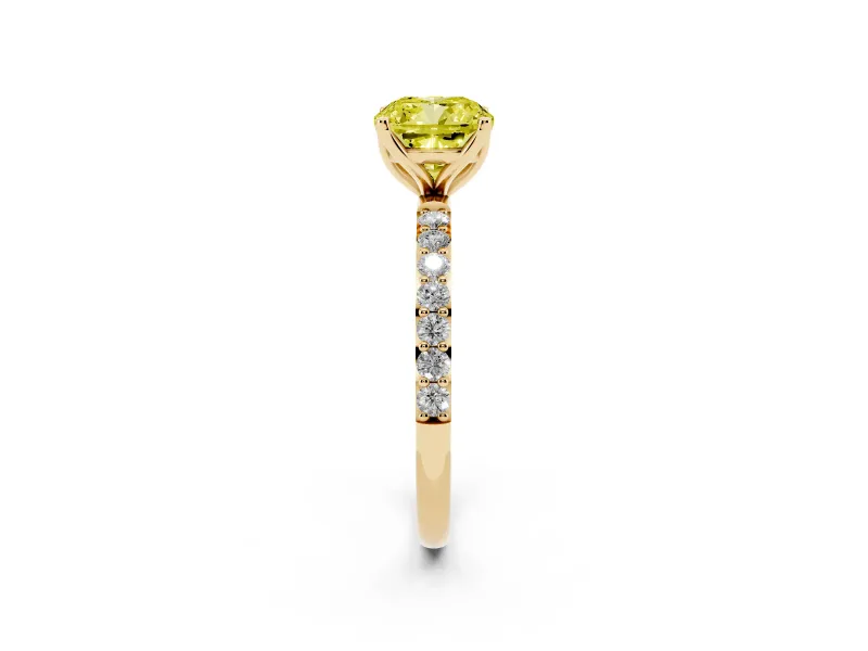Cushion Cut Pave Solitaire Engagement Ring Setting for a Fancy Yellow Lab-Grown Diamond | Slim Band | Yellow Gold