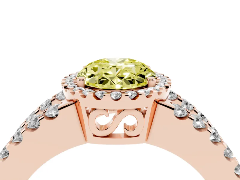 Fancy Yellow Oval Cut Diamond Halo Ring Set in Rose gold with Pavé Split Shank and Prong Setting