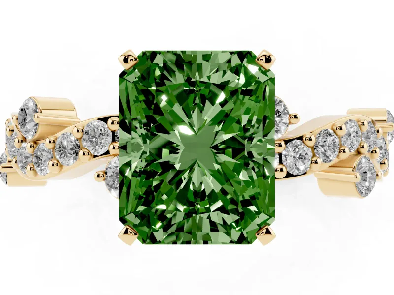 Fancy Green Radiant Cut Diamond Solitaire Twisted Band Set in Yellow gold with Pavé Setting
