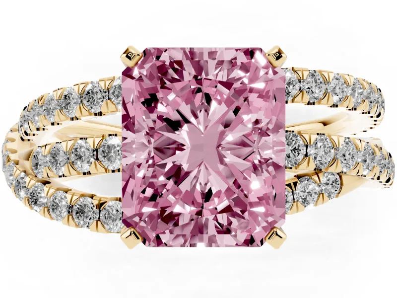 Radiant Cut Twisted Pavé Engagement Ring Setting for a Fancy Pink Lab-Grown Diamond | Yellow Gold