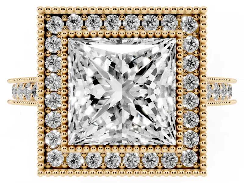 Princess Cut Vintage Milgrain Halo Engagement Ring Setting | Bezel Head | Yellow Gold