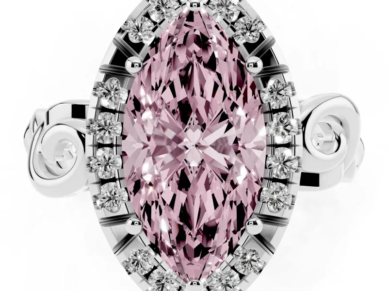 Fancy Pink Marquise Cut Diamond Halo Ring Set in White gold with Scrollwork Band and Prong Setting
