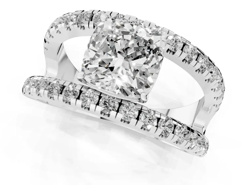 Cushion Cut Wide Open Split Shank Engagement Ring Setting | Pavé Strands | White Gold