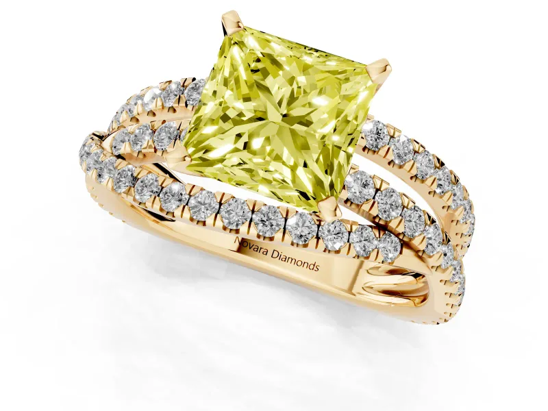 Fancy Yellow Princess Cut Diamond Solitaire Twist Band Ring Set in Yellow gold with Pavé Setting and Prong Head