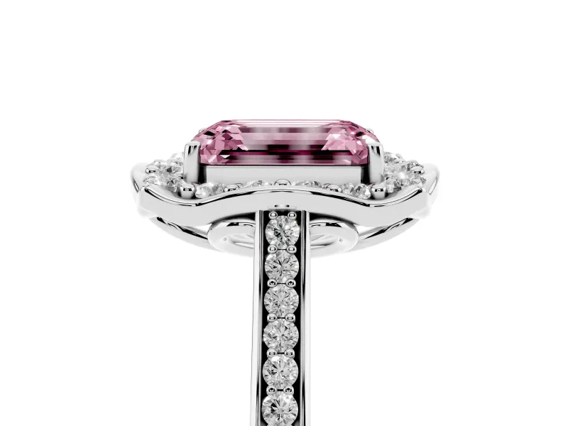 Emerald Cut Halo Engagement Ring Setting for a Fancy Pink Lab-Grown Diamond | Petal Tips | Platinum