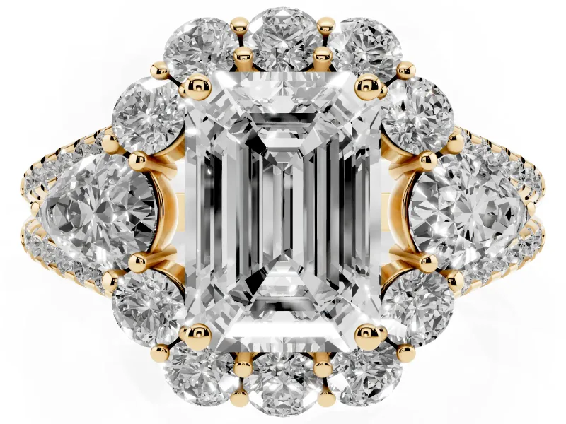 Emerald Cut Diamond Halo Split Shank Engagement Ring Set in Yellow gold with Prong-Held Center Stone