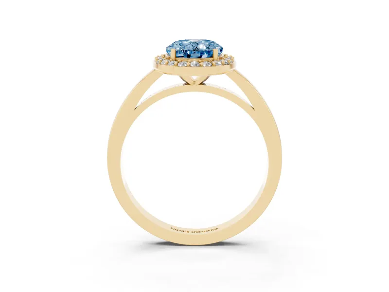 Fancy Blue Oval Cut Diamond Halo Ring Set in Yellow gold with Solitaire Band and Prong Setting
