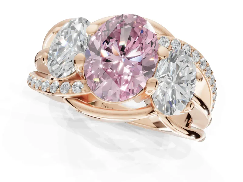 Oval Three Stone Split Shank Engagement Ring Setting for a Fancy Pink Lab-Grown Diamond | Matching Sides | Rose Gold