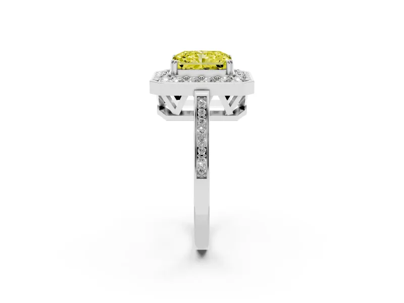 Radiant Cut Halo Engagement Ring Setting for a Fancy Yellow Lab-Grown Diamond | Polished Halo Rim | Platinum