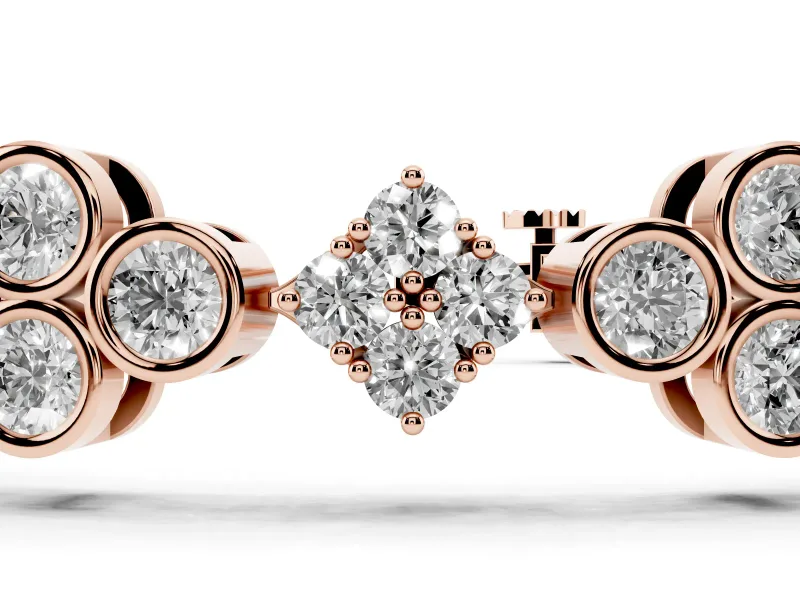 Round Lab-Grown Diamond Cluster Tennis Bracelet | Bezel Clover Stations | Rose Gold