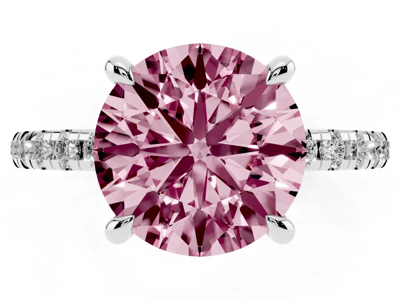 Fancy Pink Round Cut Diamond Brilliant Solitaire Ring Set in Silver with Pavé Band and Prong Setting