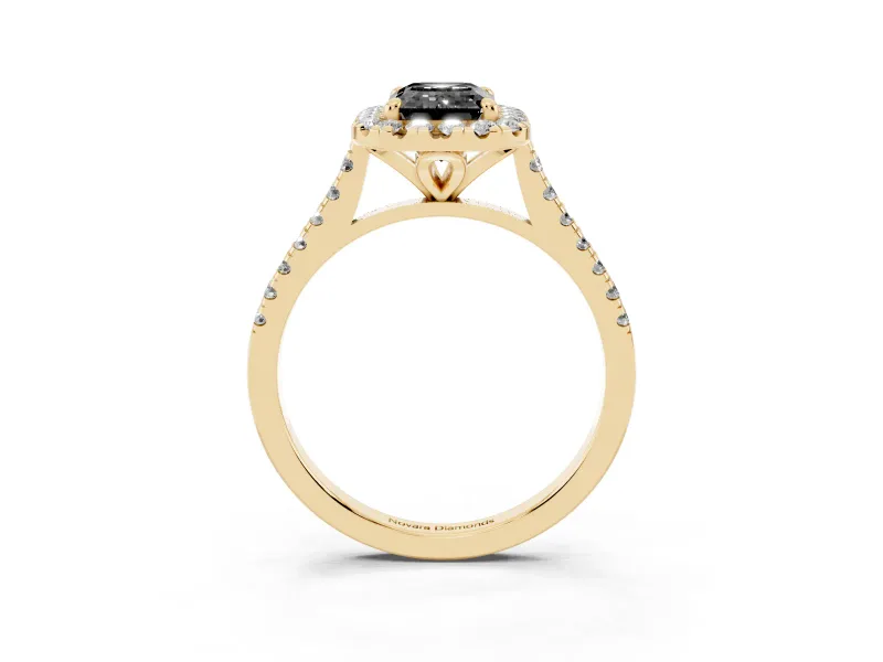 Emerald Cut Halo Engagement Ring Setting for a Black Center | Tapered Band | Yellow Gold