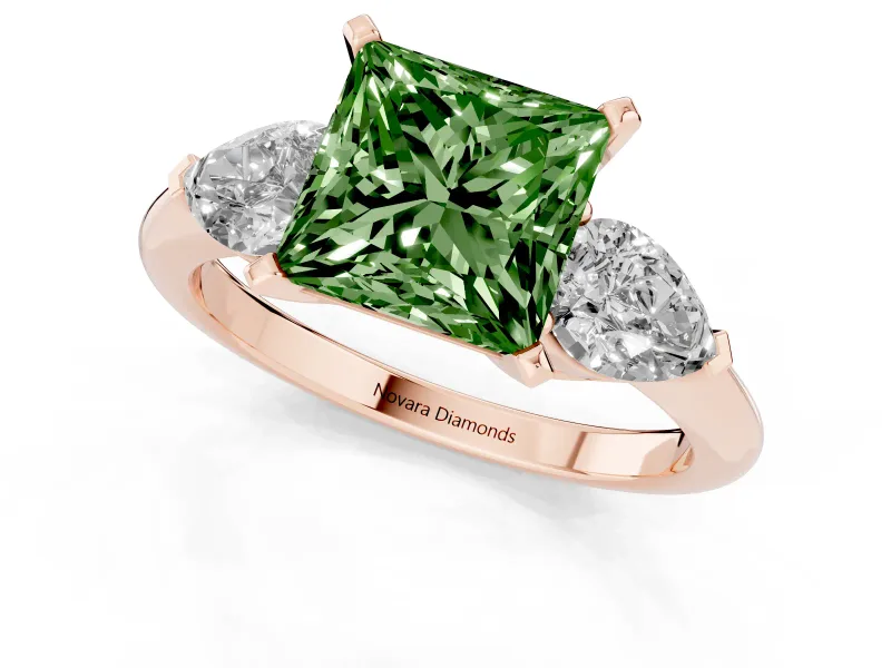 Fancy Green Three-Stone Princess Cut Diamond Ring Set in Rose gold with Pear Side Stones and Prong Setting