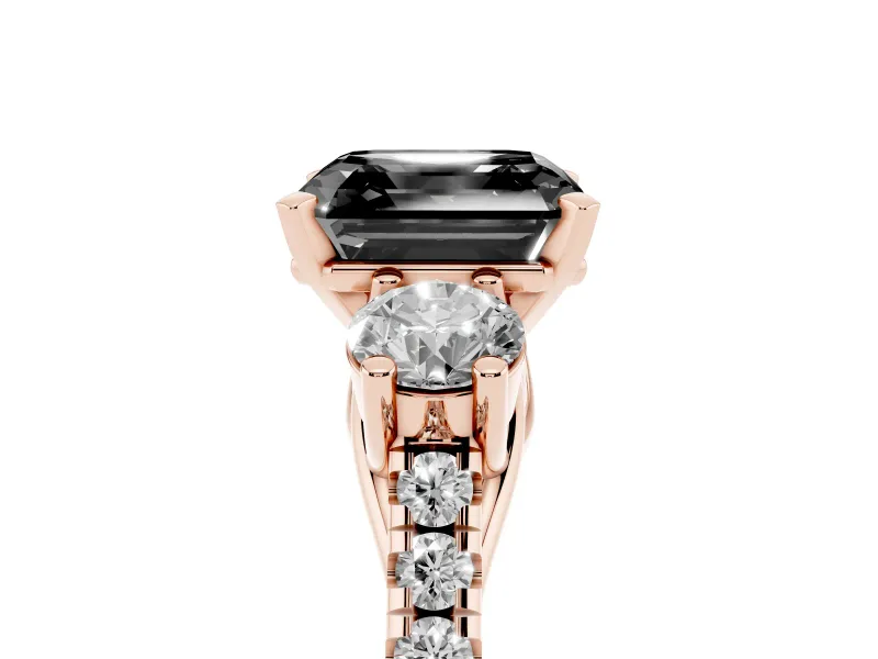 Fancy Black Three-Stone Asscher Cut Diamond Pavé Band Ring Set in Rose gold with Prong-Set Trio