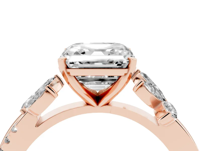 Asscher Cut Diamond Floral Vine Solitaire Engagement Ring Set in Rose gold with Marquise Leaves