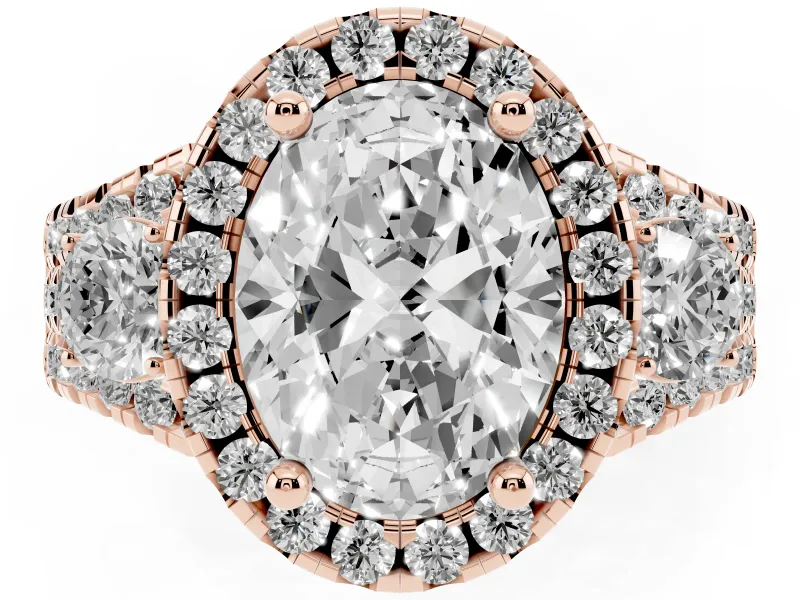 Oval Halo Split Shank Engagement Ring Setting | Round Side Stones | Rose Gold