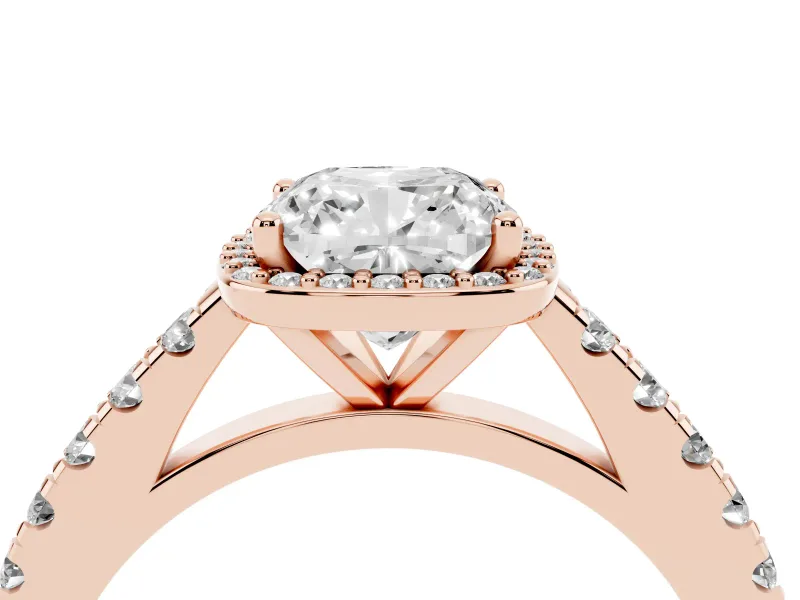 Cushion Cut Diamond Halo Engagement Ring Set in Rose gold with Pavé Band and Prong Setting