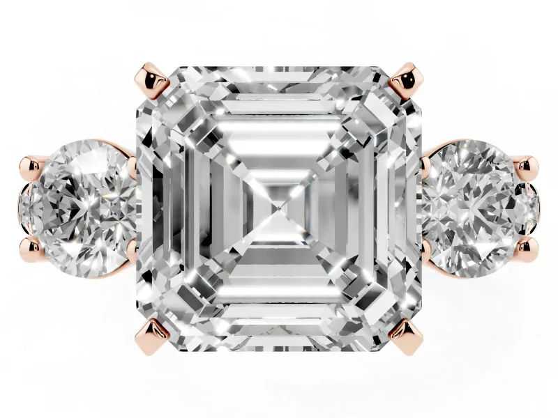 Asscher Cut Three-Stone Pavé Engagement Ring Setting | Round Side Stones | Rose Gold