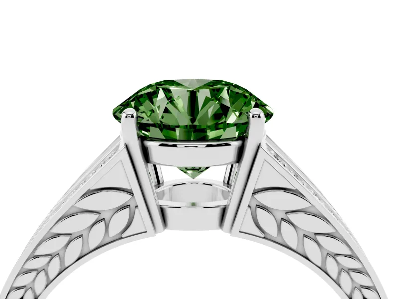 Fancy Green Round Cut Diamond Split Shank Ring Set in Platinum with Pavé Band and Prong Setting