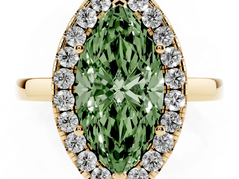 Fancy Green Marquise Cut Diamond Halo Solitaire Ring Set in Yellow gold with Pavé Band and Prong Setting