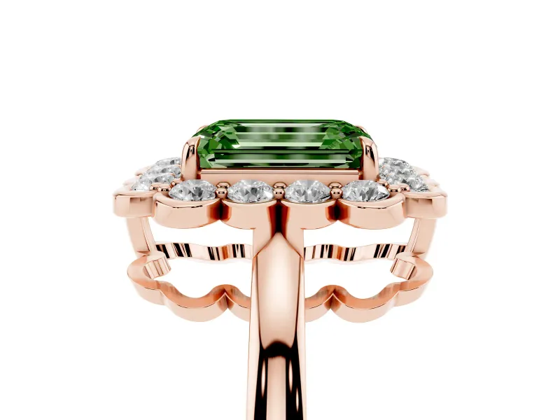 Emerald Cut Scalloped Cluster Halo Engagement Ring Setting for a Fancy Green Lab-Grown Diamond | Plain Band | Rose Gold