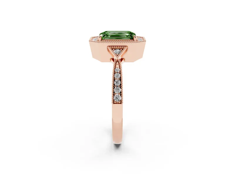 Fancy Green Emerald Cut Diamond Halo Engagement Ring Set in Rose gold with Milgrain Pavé Band