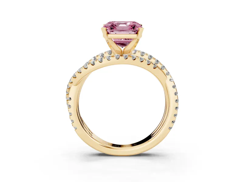 Fancy Pink Asscher Cut Diamond Solitaire Twist Band Ring Set in Yellow gold with Pavé Setting and Prong Head