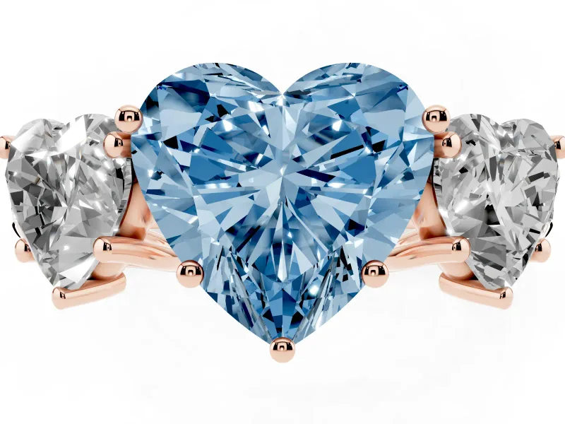 Fancy Blue Heart Cut Diamond Three-Stone Ring Set in Rose gold with Pavé Band