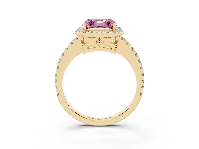 Asscher Cut Pave Halo Engagement Ring Setting for a Fancy Pink Lab-Grown Diamond | Yellow Gold