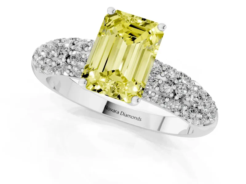 Emerald Cut Multi Row Pave Engagement Ring Setting for a Fancy Yellow Lab-Grown Diamond | Platinum