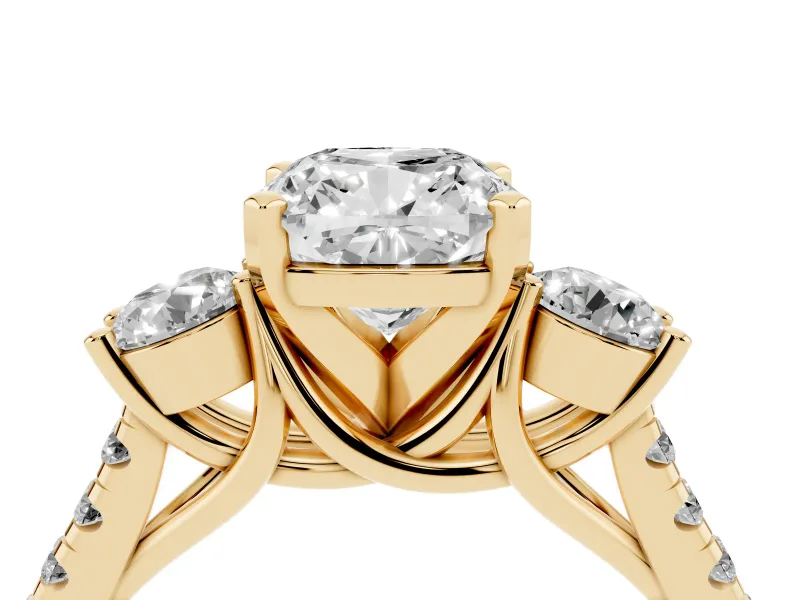 Cushion Cut Three-Stone Pavé Engagement Ring Setting | Round Side Stones | Yellow Gold