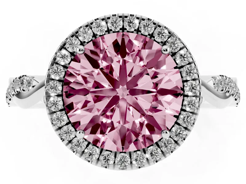 Fancy Pink Round Cut Diamond Halo Twist Band Solitaire Ring Set in Silver with Prong Setting