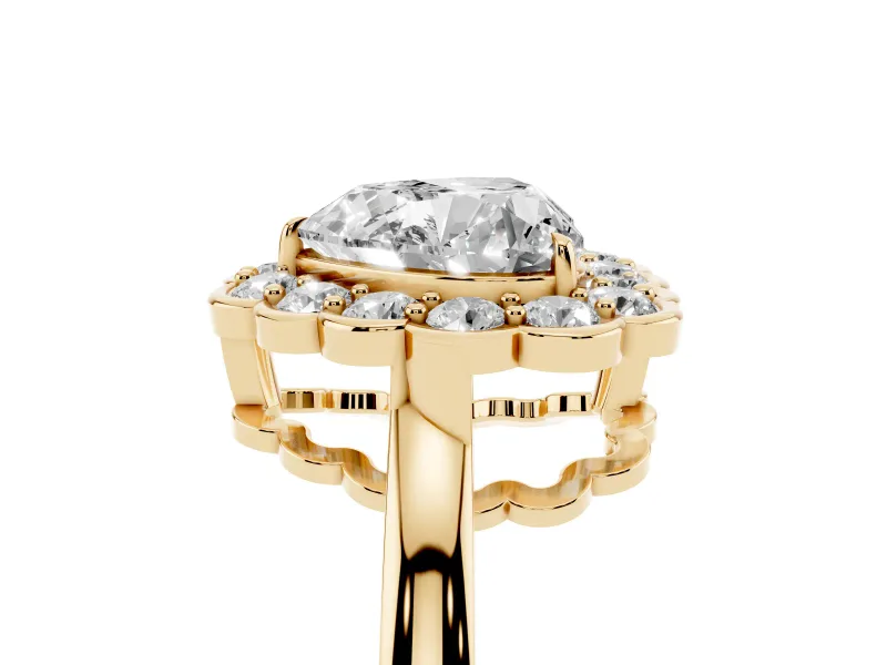 Heart-Shaped Scalloped Cluster Halo Engagement Ring Setting | Plain Band | Yellow Gold