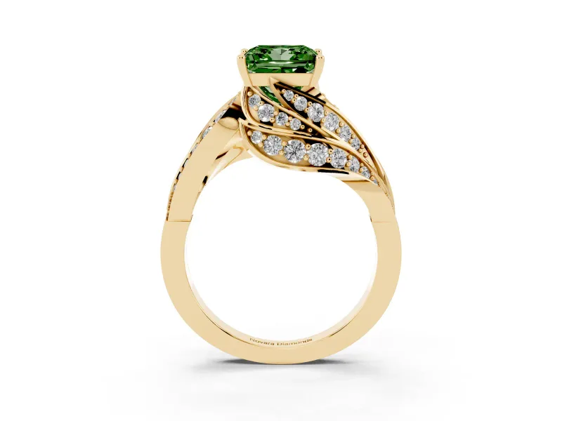 Fancy Green Princess Cut Diamond Solitaire Ring Set in Yellow gold with Layered Twist Pavé Band