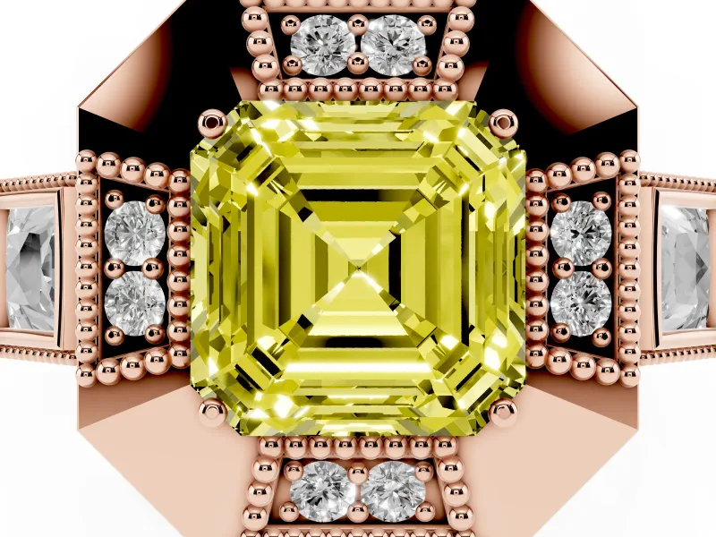 Fancy Yellow Asscher Cut Diamond Milgrain Halo Ring Set in Rose gold with Split Shank