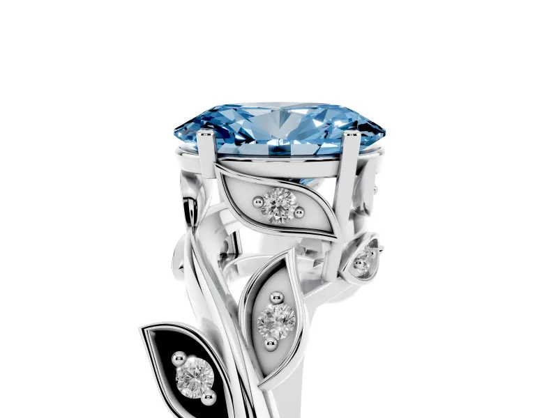 Fancy Blue Oval Cut Diamond Solitaire Twist Engagement Ring Set in White gold with Pavé Leaf Accents