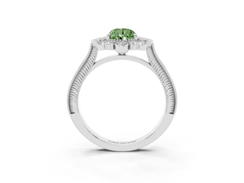 Fancy Green Pear Cut Diamond Halo Milgrain Pavé Ring Set in Silver with Prong Setting