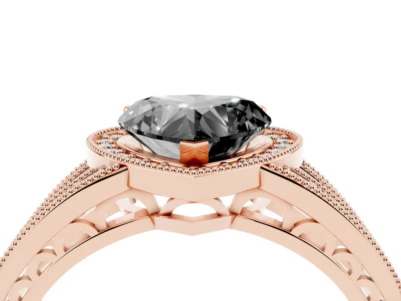 Fancy Black Heart Cut Diamond Halo Ring Set in Rose gold with Accent Split Shank and Prong Setting