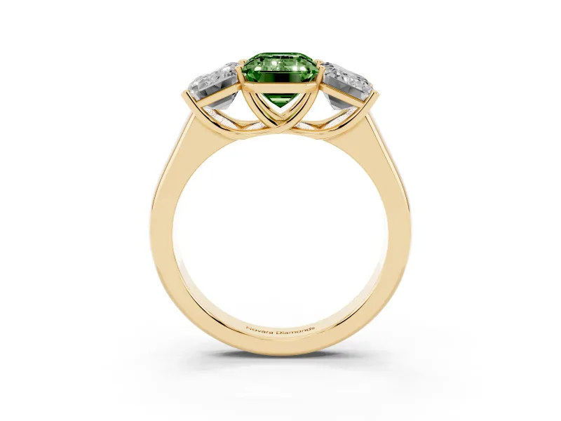 Emerald Cut Three Stone Engagement Ring Setting for a Fancy Green Lab-Grown Diamond | Basket Prong Heads | Yellow Gold