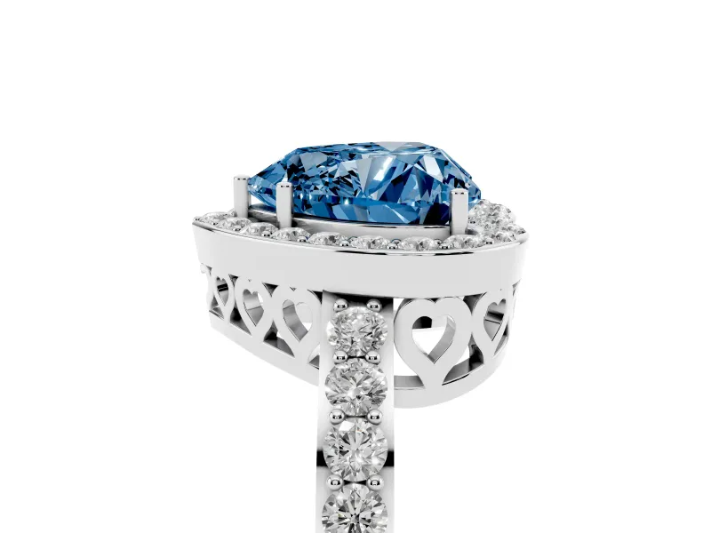 Fancy Blue Heart Cut Diamond Halo Ring Set in Platinum with Pavé-Setting Band and Open Prong Center