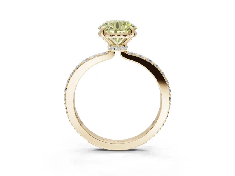 Round Hidden Halo Engagement Ring Setting for a Fancy Yellow Lab-Grown Diamond | Pavé Band | Yellow Gold