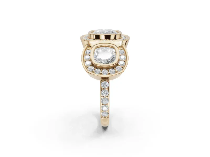 Cushion Cut Three Stone Halo Engagement Ring Setting | Bezel Set | Yellow Gold
