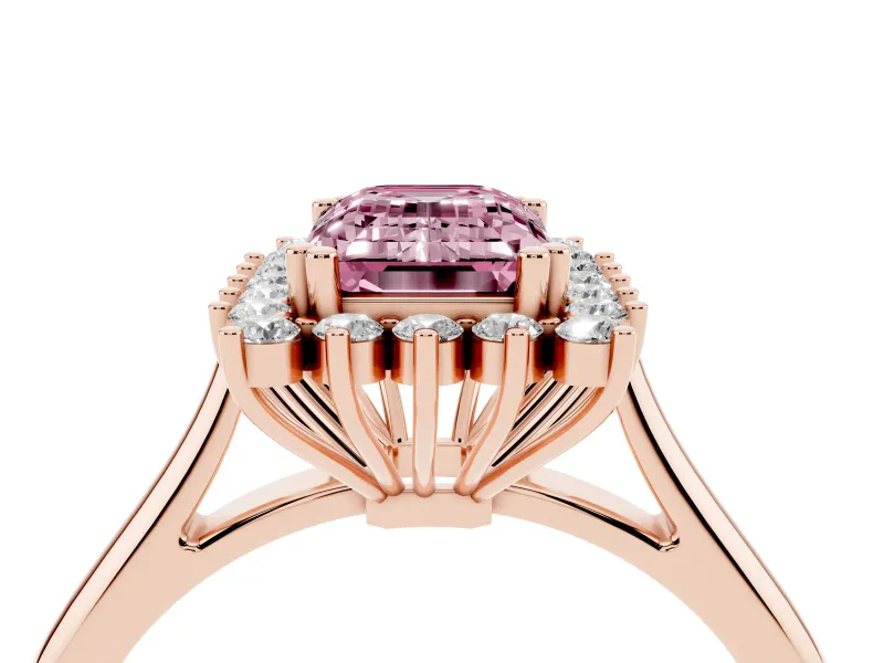 Fancy Pink Emerald Cut Diamond Halo Ring Set in Rose gold with Plain Solitaire Band and Prong Setting