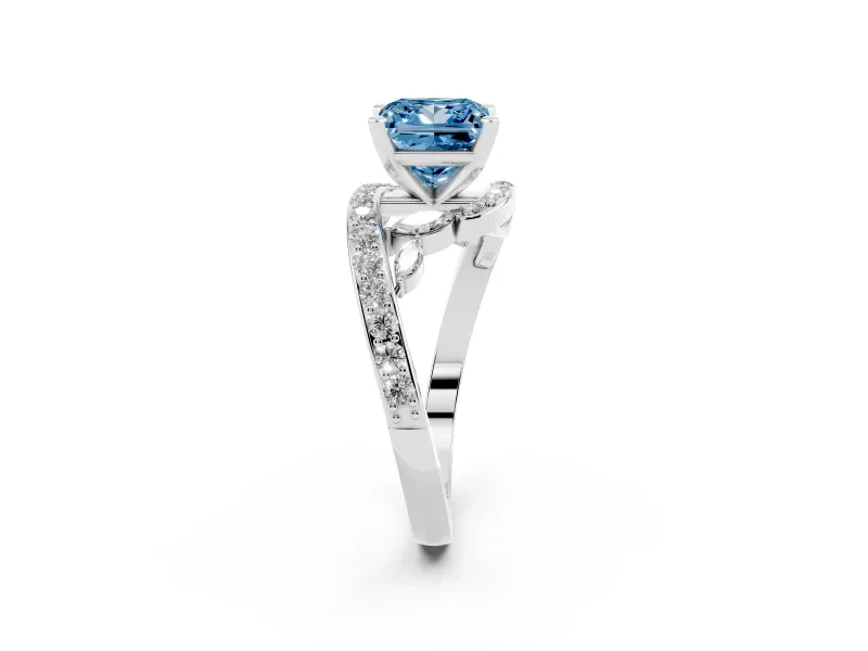 Fancy Blue Princess Cut Diamond Solitaire Ring Set in Platinum with Pavé Twist Band and Secure Prong Setting