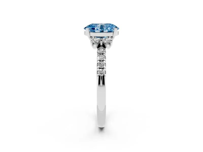 Oval Side Stone Engagement Ring Setting for a Fancy Blue Lab-Grown Diamond | Pave Band | White Gold