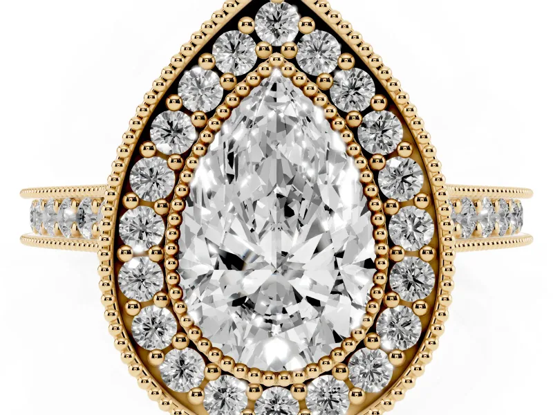 Pear-Shaped Vintage Milgrain Halo Engagement Ring Setting | Bezel Head | Yellow Gold