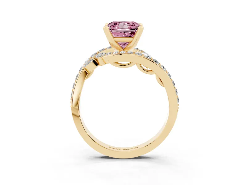 Fancy Pink Princess Cut Diamond Solitaire Ring Set in Yellow gold with Pavé Twist Band and Secure Prong Setting