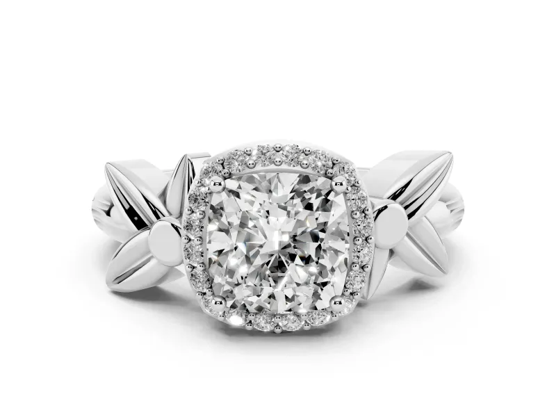 Cushion Cut Diamond Halo Floral Band Ring Set in White gold with Prong Setting