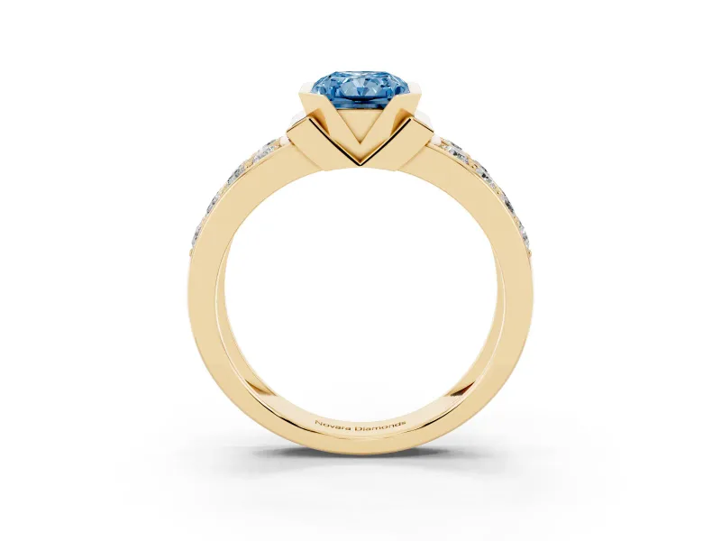 Radiant Cut Half Bezel Engagement Ring Setting for a Fancy Blue Lab-Grown Diamond | Channel Band | Yellow Gold