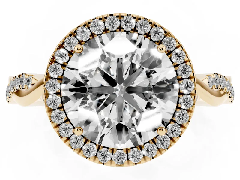 Round Halo Engagement Ring Setting | Pavé Twist Band | Yellow Gold